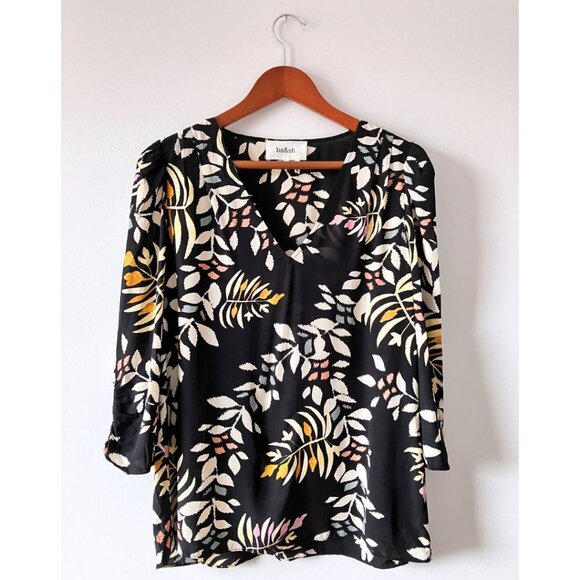 BA&SH Cross Top Floral Leaf Print Puff Sleeve Top Black Size Small/ US 4 - Picture 2 of 7